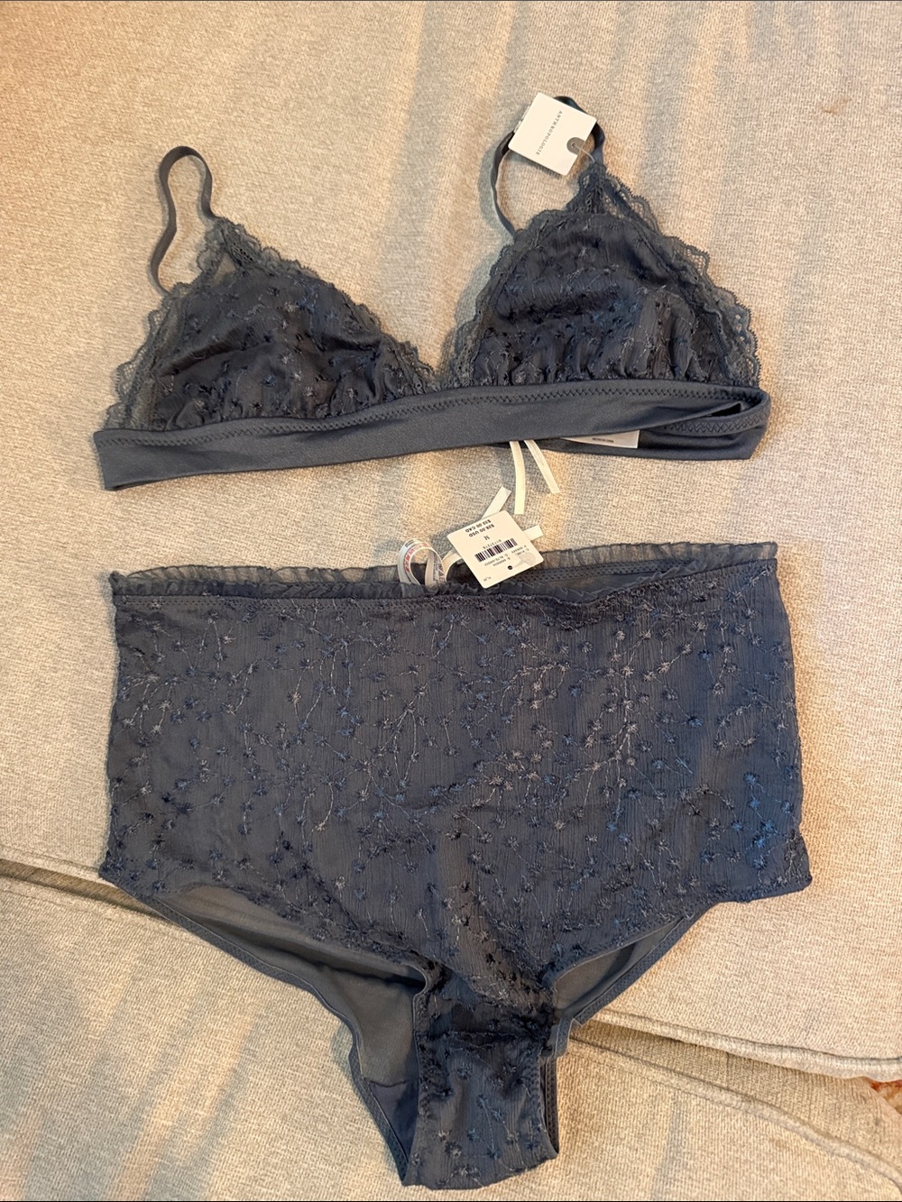 Anthropologie Lace Bralette and High-Waist Brief Set - Slate Blue M 34DD